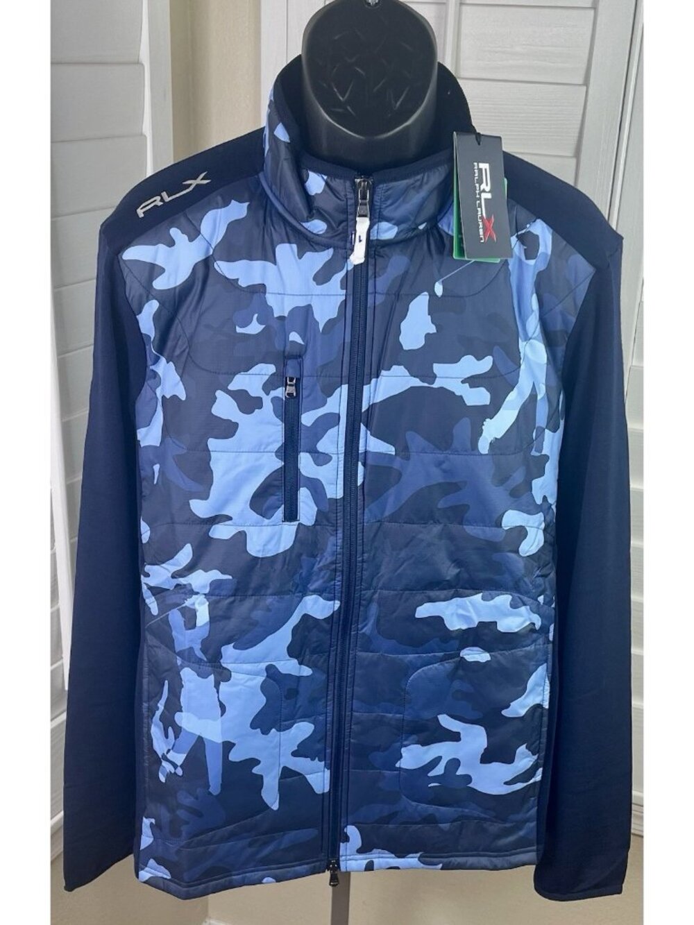 RLX Ralph Lauren Hybrid Navy Camo Golf Wool FZ Quilted Jacket, Men XL - NWT $268